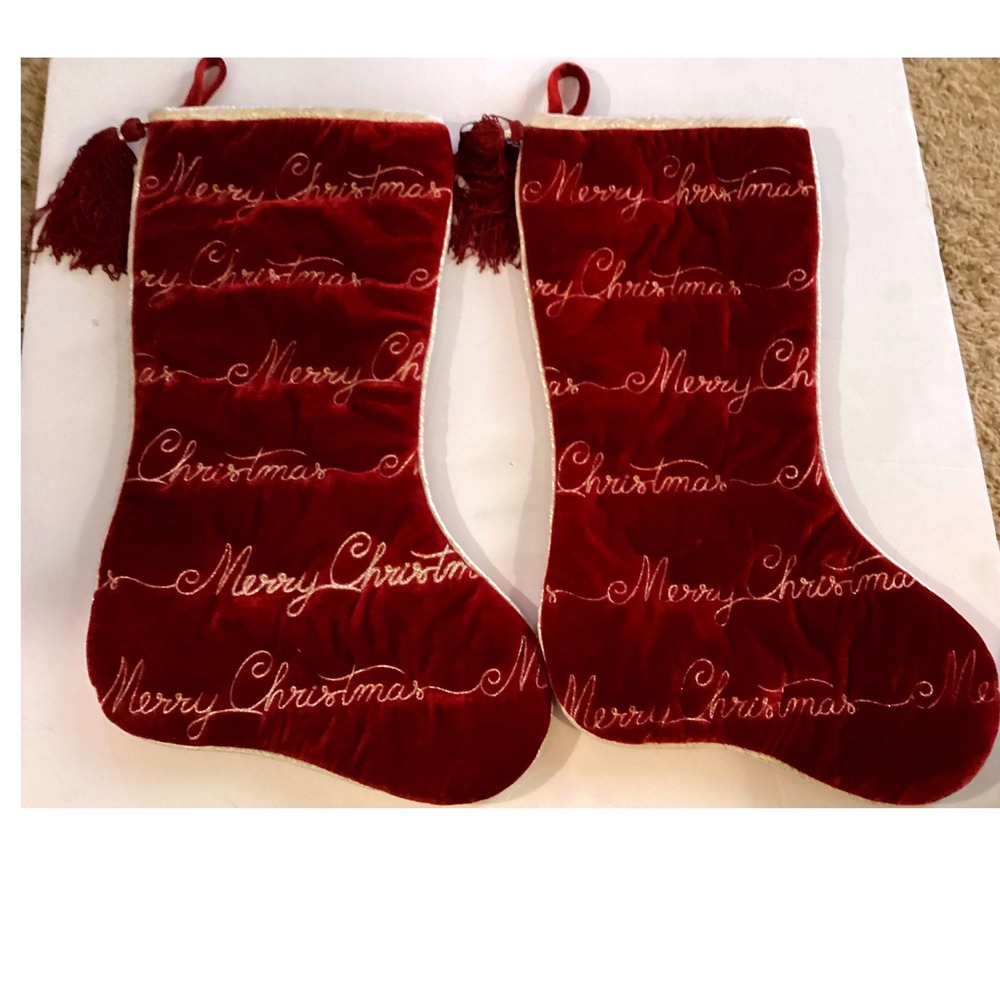 Christmas Stocking Set 2 Red Excellent Merry Christmas Velvet